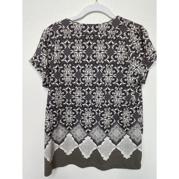 Sonoma Medium Printed Blouse Gray Short Sleeve Pleated Front Scoop Neck Cotton - Picture 8 of 11